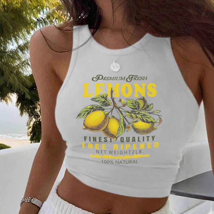 Dame Crop-Top med friskt sitronmotiv og avslappet snitt Skjora