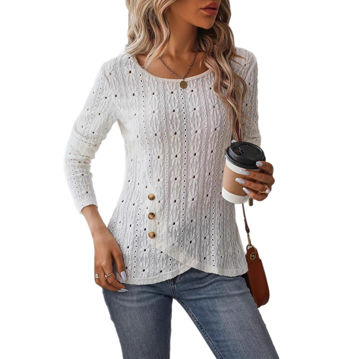 Women's long-sleeved shirt with decorative buttons and textured weave