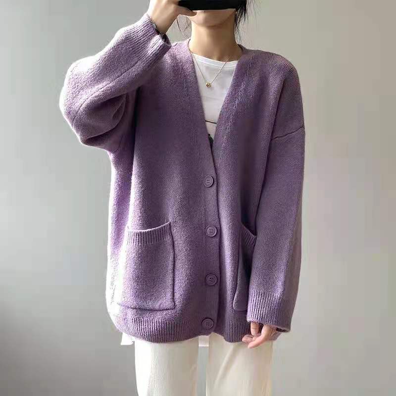Kvinne Oversized Strikkegenser med Lommer Skjora