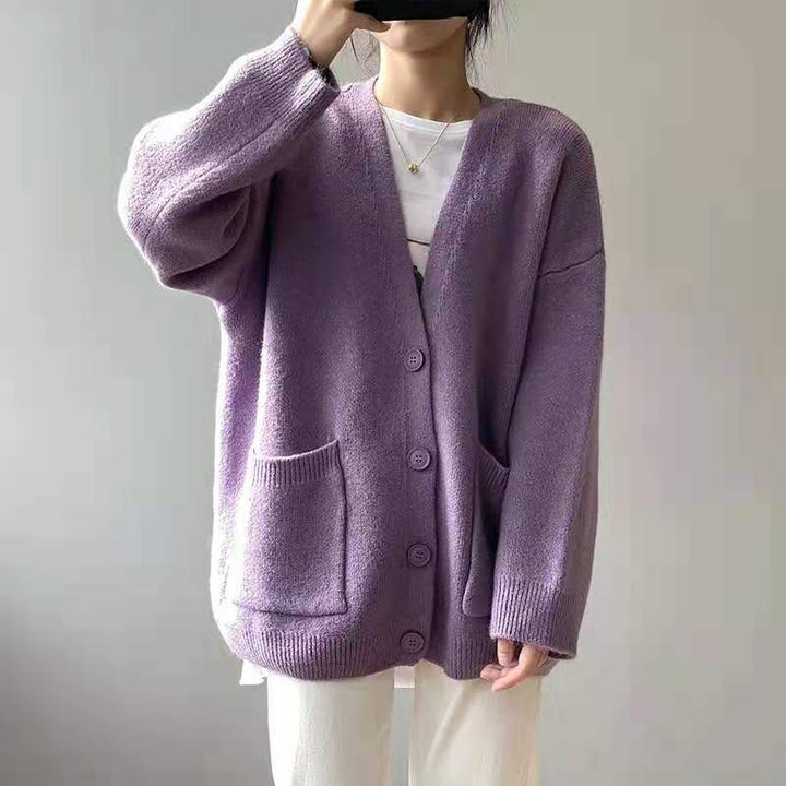 Kvinne Oversized Strikkegenser med Lommer Skjora