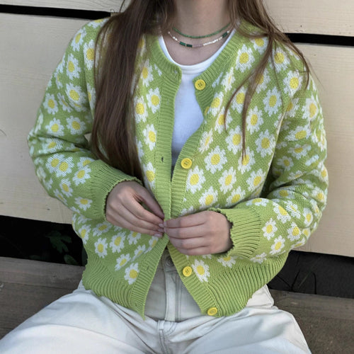 Dame cardigan med blomstermønster og fargerike knapper Skjora