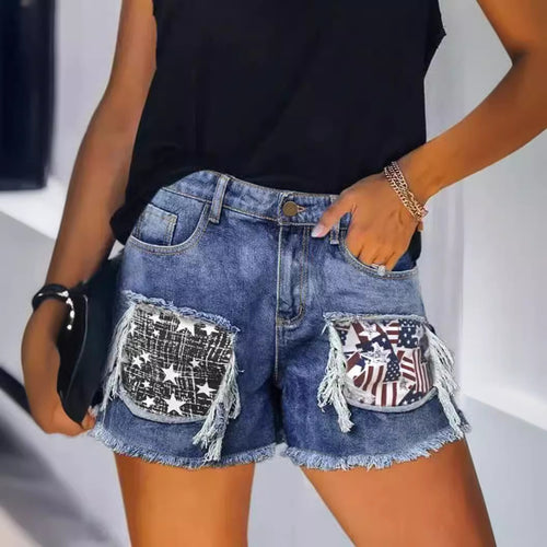 Dame Destroyed Denim Shorts med frynsete lommer og stilige applikasjoner Skjora