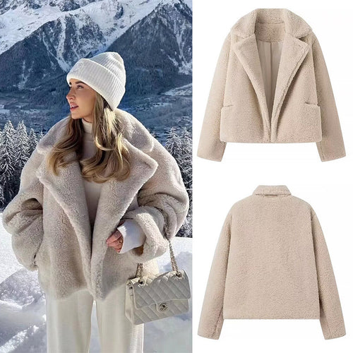 Dame Cozy Plush Jakke med Revers Krage og Lommer
