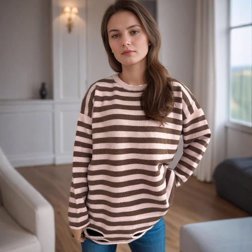 Dame strikket oversized genser med avslappet stripemønster Skjora
