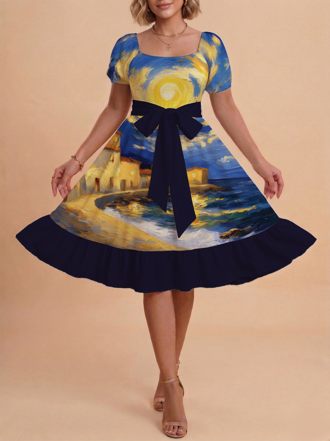 Damen schickes Glitzerkleid mit tailliertem Schnitt und Rüschensaum Skjora