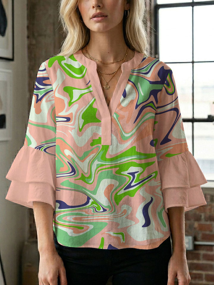 Dame bluseskjorte med voluminøse ermer og kreativt trykkdesign Skjora