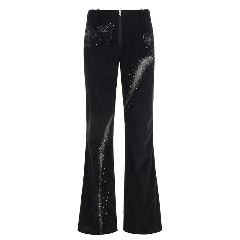 Damer Flares Cordbukser med blomsterdesign og glitterdetaljer Skjora