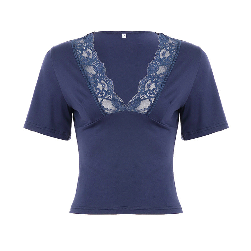 Dame elegant bluse med spiss V-hals og korte ermer Skjora