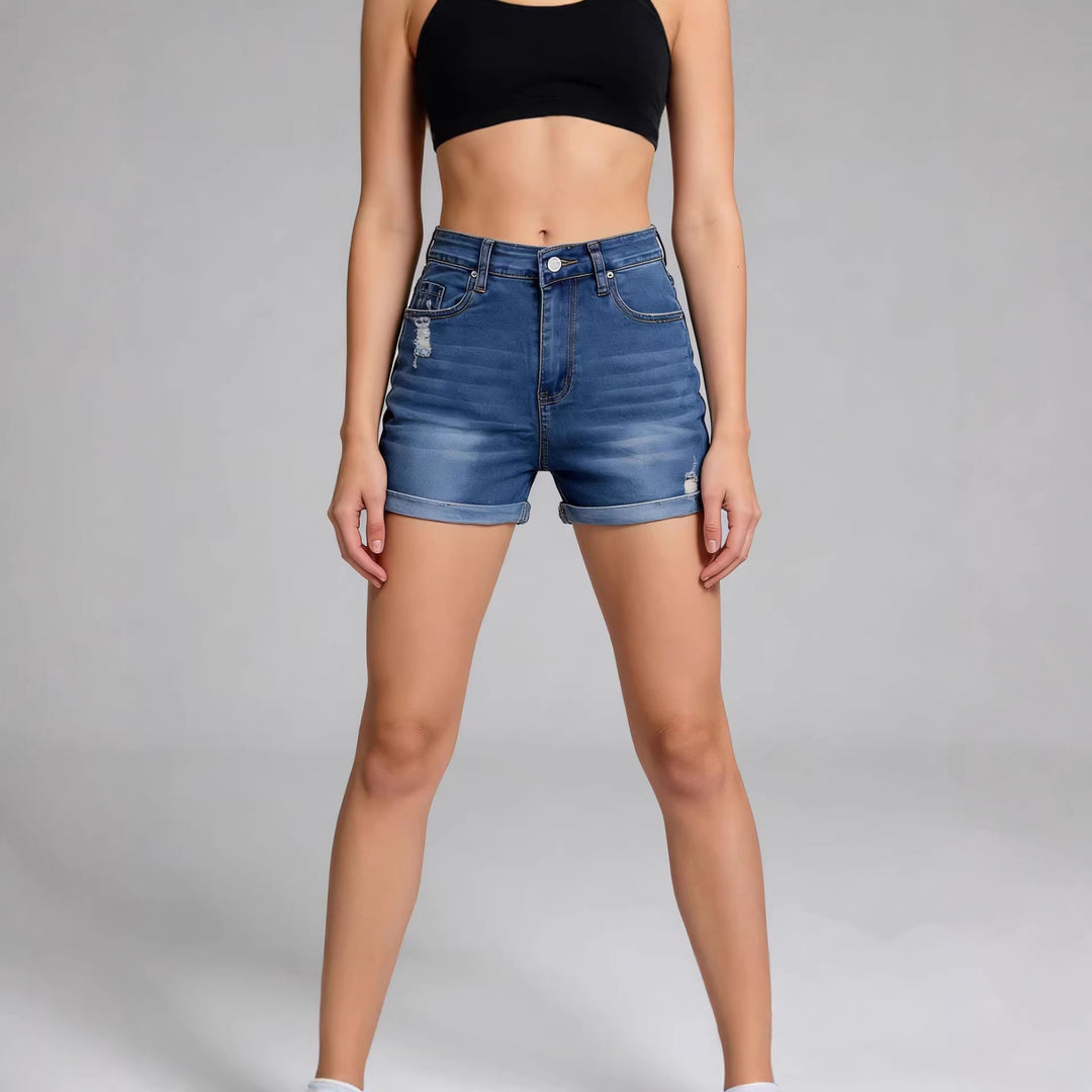 Dame High-Waist Denim-Shorts med avslappet snitt og moderne ødelagte detaljer Skjora