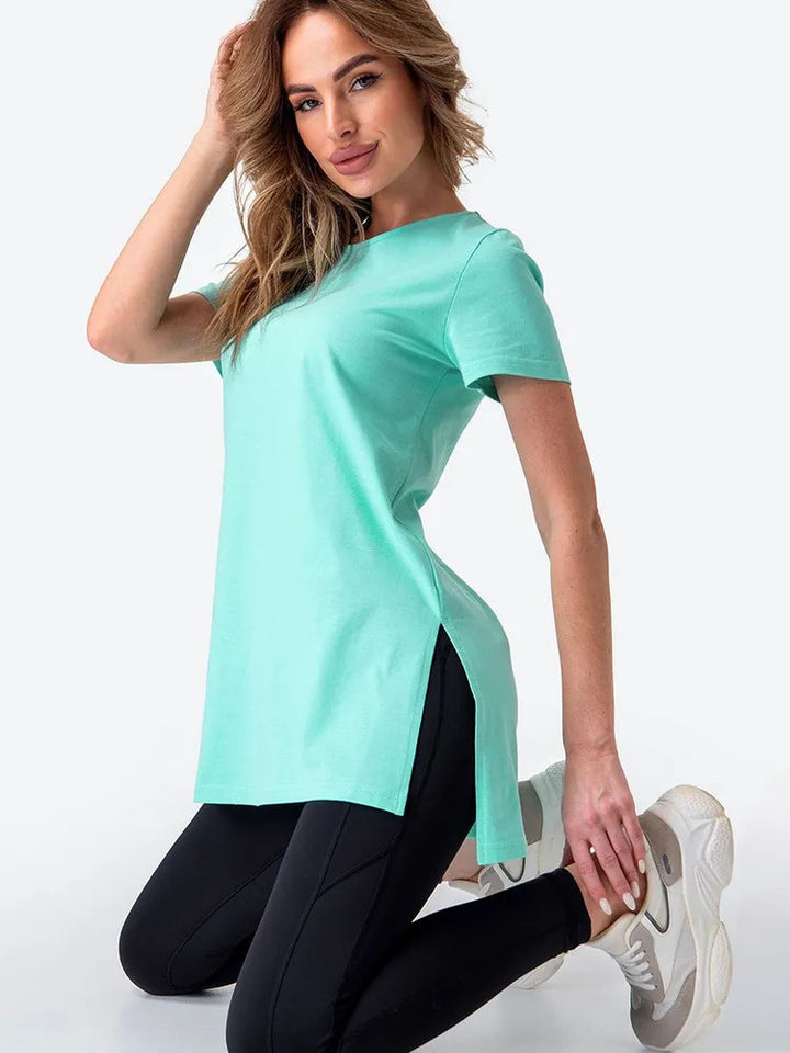 Dame casual longline T-skjorte med sidesplitter og høy slitasjekomfort Skjora