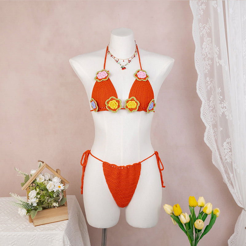 Damen Häkel-Bikini mit verspieltem Blumendesign und verstellbaren Bändern Skjora