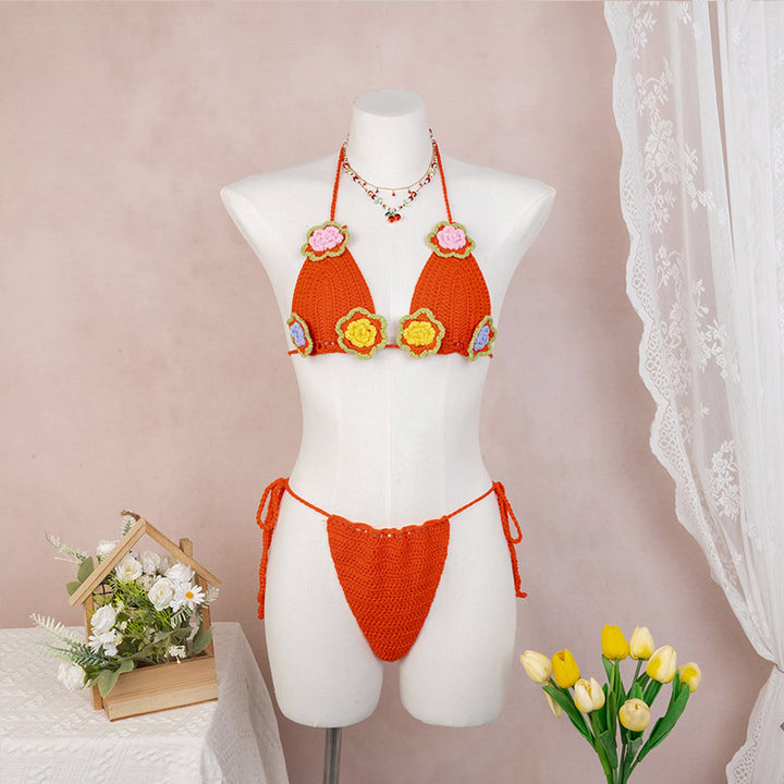 Damen Häkel-Bikini mit verspieltem Blumendesign und verstellbaren Bändern Skjora