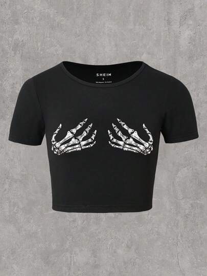 Dame Cropped T-skjorte med kreativt skjelettdesign Skjora