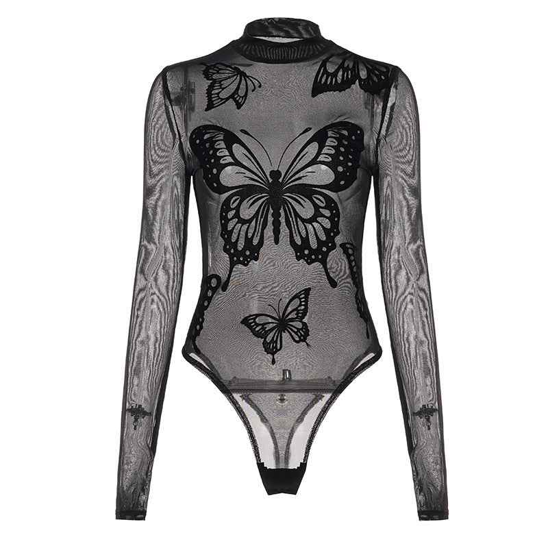 Damer Elegant bodysuit med fine sommerfuglmotiver og transparent stoff Skjora