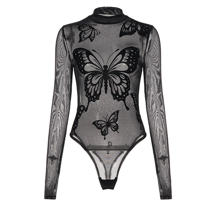 Damer Elegant bodysuit med fine sommerfuglmotiver og transparent stoff Skjora