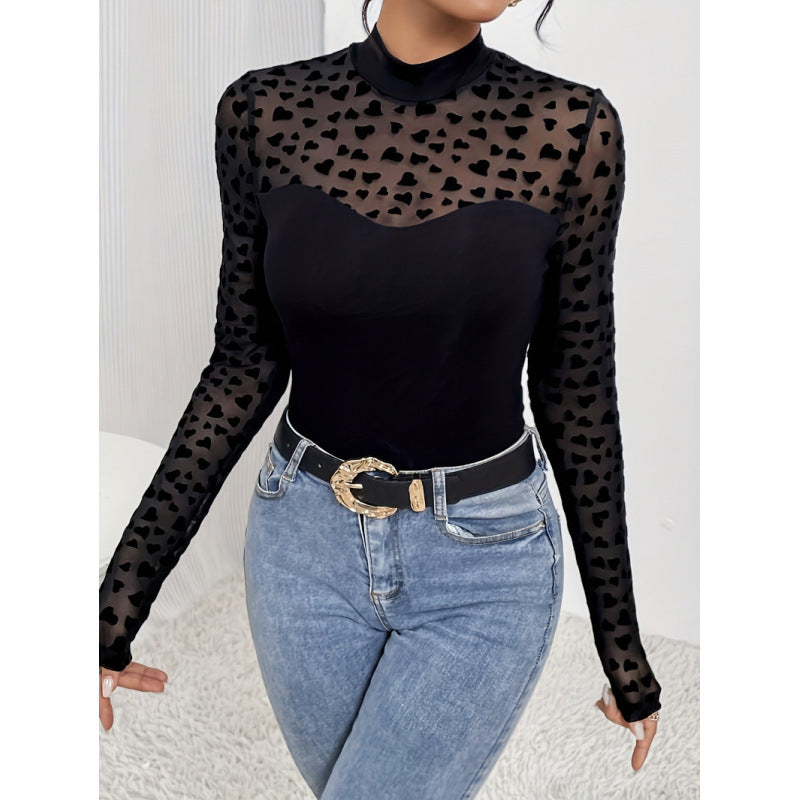Damer Langarm-body med transparente hjerter og elegant høy krage Skjora