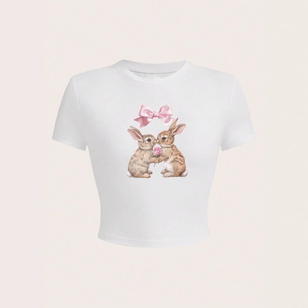 Dame Crop-top med sjarmerende kaninmotiv og sløyfebruk Skjora