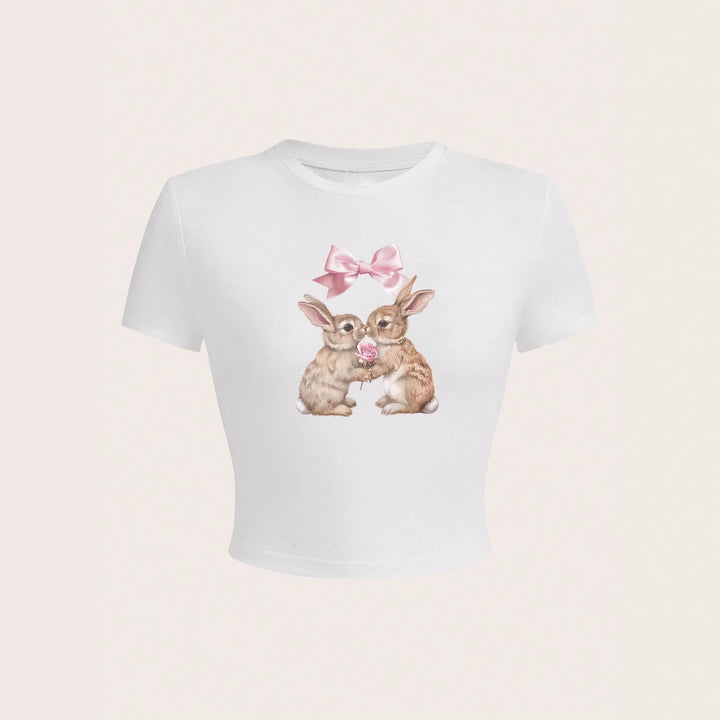 Dame Crop-top med sjarmerende kaninmotiv og sløyfebruk Skjora