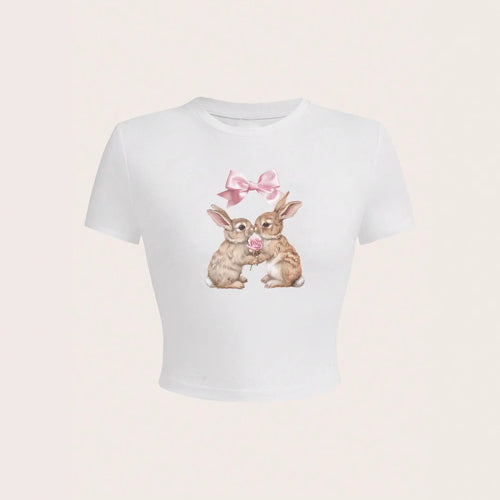 Dame Crop-top med sjarmerende kaninmotiv og sløyfebruk Skjora