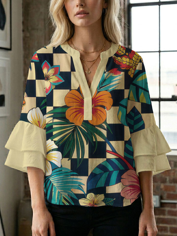 Dame bluseskjorte med voluminøse ermer og kreativt trykkdesign Skjora