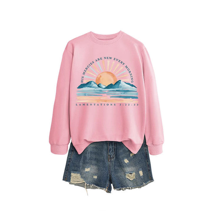Kvinne sweatshirt med inspirerende soloppgang design og avslappet passform Skjora