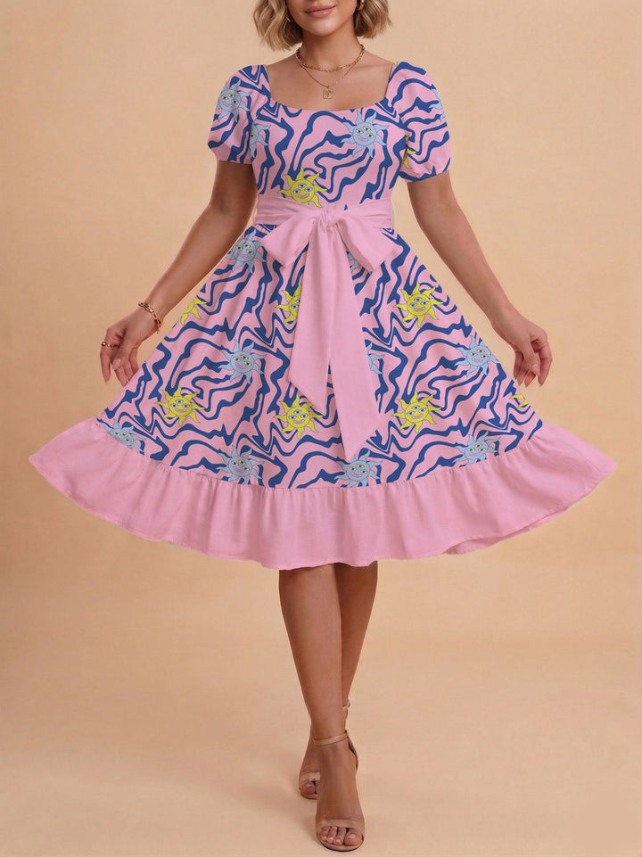 Damen Retro Maxikleid mit Puffärmeln und Taillengürtel Skjora