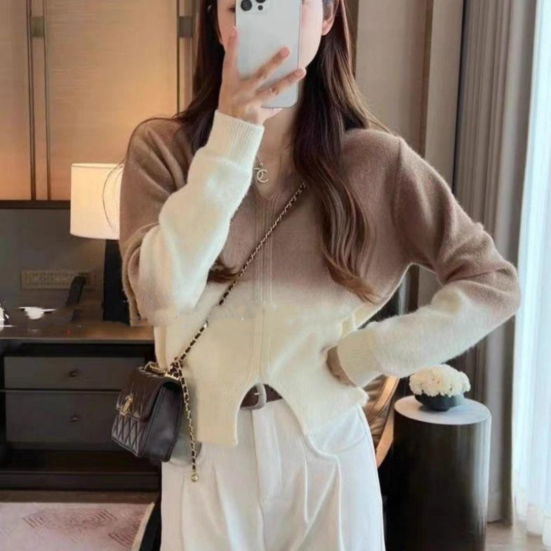 Kvinnens koselige overgangs pullover med elegant V-hals og glidelås