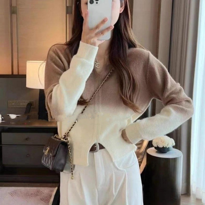 Kvinnens koselige overgangs pullover med elegant V-hals og glidelås
