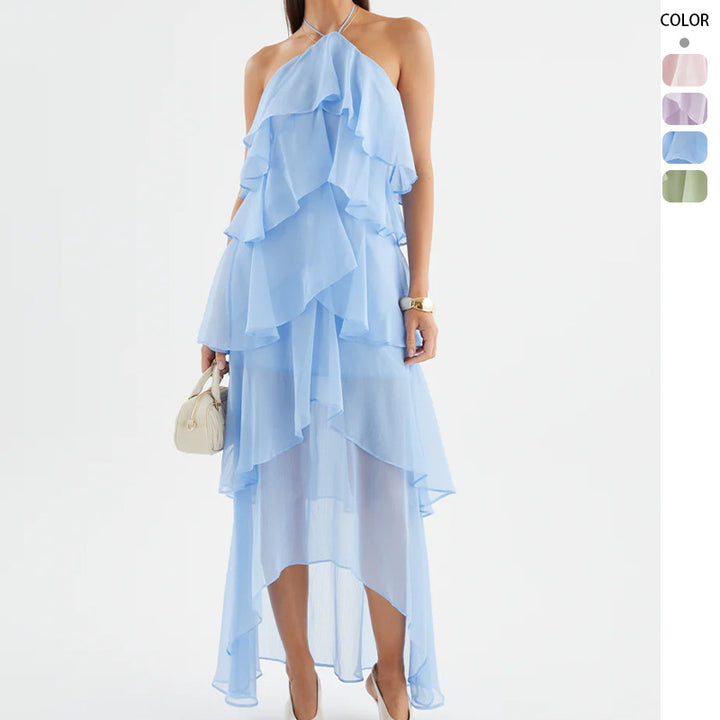 Kvinne Chiffon Maxi Kjole med Multi-Lag Ruffle Detaljer Skjora