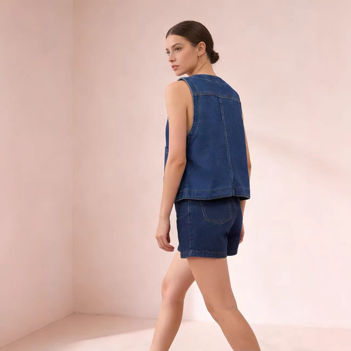 Damer casual denim vest med knappdetaljer og påsydde lommer Skjora