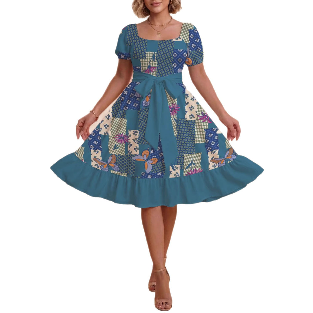 Damen Retro Maxikleid mit Puffärmeln und Taillengürtel Skjora