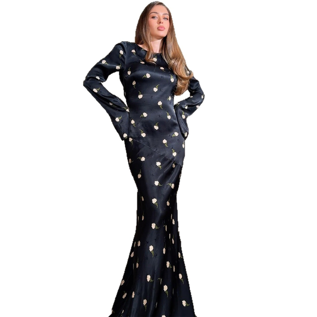 Kjole maxi for kvinner med elegant blomstermønster og voluminøse ermer