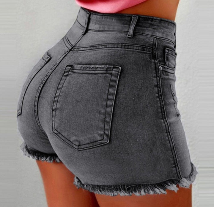 Dame høyt liv denim shorts med frynset søm Skjora