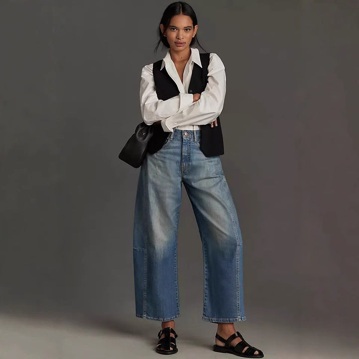 Dame baggy denimbukser i moderne snitt med høy midje Skjora