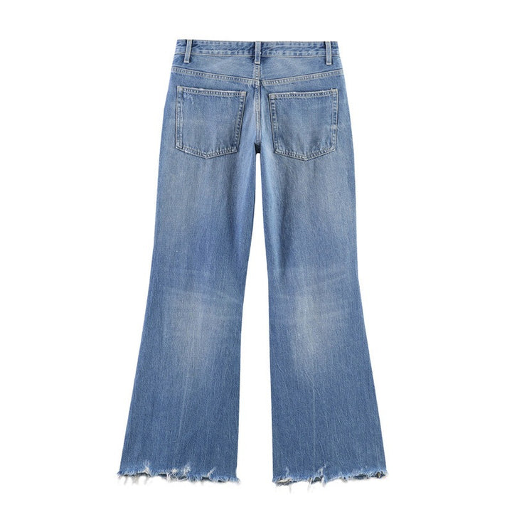 Dame Flared Jeans i brukt look med frynser og ødelagte detaljer Skjora