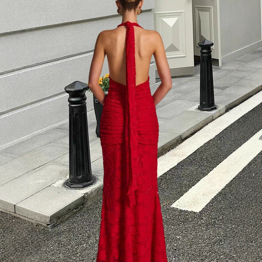Damer Elegant Maxi Kjole med Dyp V-Hals og Volangdesign