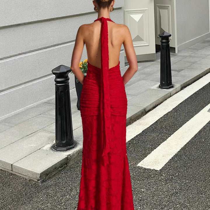Damer Elegant Maxi Kjole med Dyp V-Hals og Volangdesign