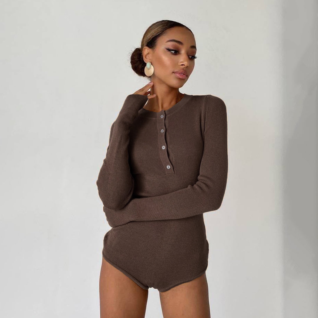 Dame Langermet Bodysuit med knappe detalj og strukturert materiale Skjora