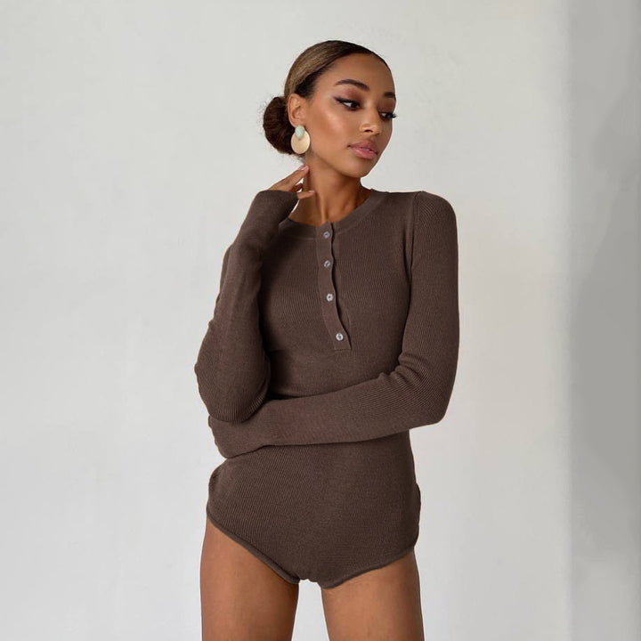 Dame Langermet Bodysuit med knappe detalj og strukturert materiale Skjora
