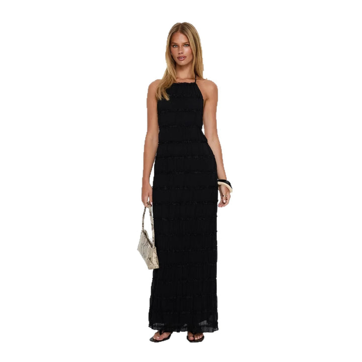 Dame maxikjole med off-shoulder design og flytende volanger Skjora