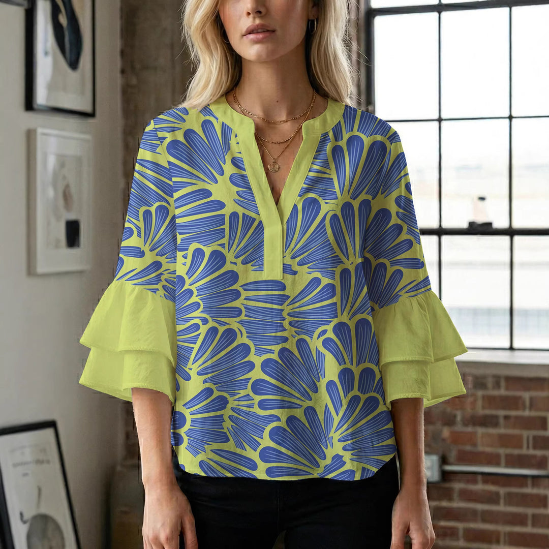 Damer elegant bluse skjorte med voluminøse rysjermer og grafisk blomsterdesign Skjora