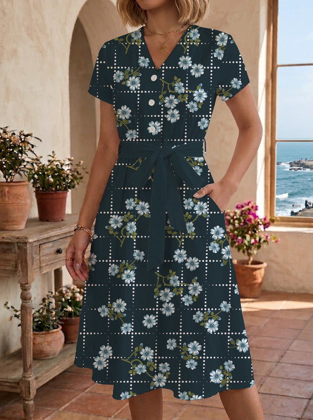 Damen Midikleid mit floralem Muster und Taillengürtel Skjora