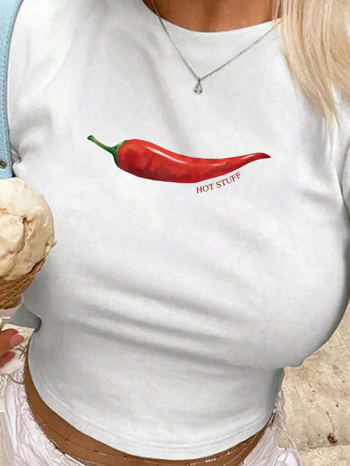 Dame Crop-T-skjorte med kunstnerisk leppemotiv og kreativt trykk Skjora