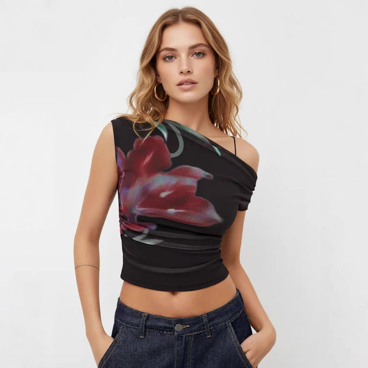 Dame Off-Shoulder Top med blomsterdesign og rynking Skjora