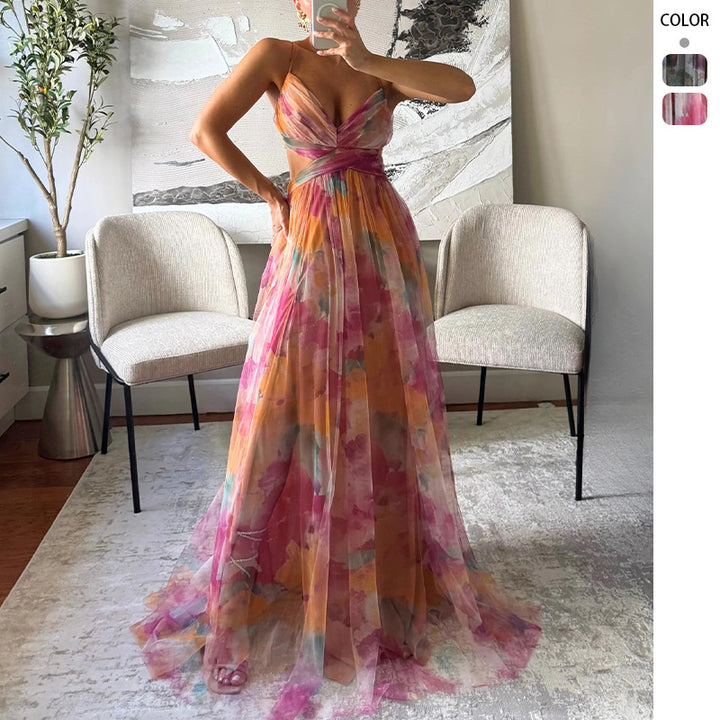 Kvinners maxikjole med blomsterchiffon-design og elegant midje