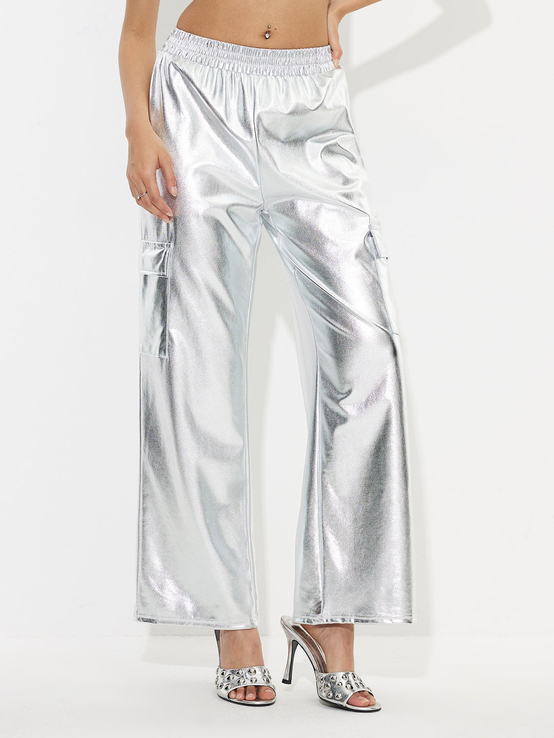 Dame Cargo-bukser i glinsende metallisk utseende med elastisk linning Skjora