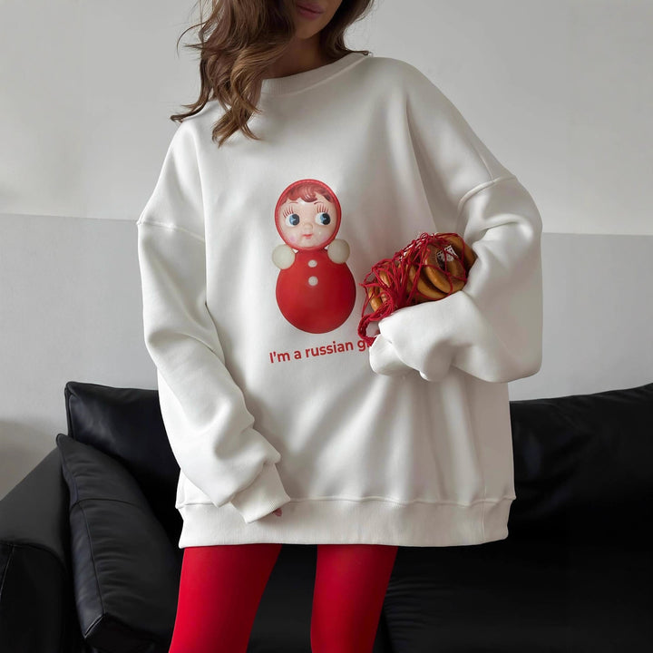 Kvinnes oversized hettegenser med kreativt trykk Skjora