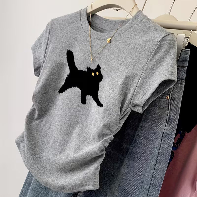 Dame T-skjorte med kreativ kattedesign og avslappet snitt Skjora