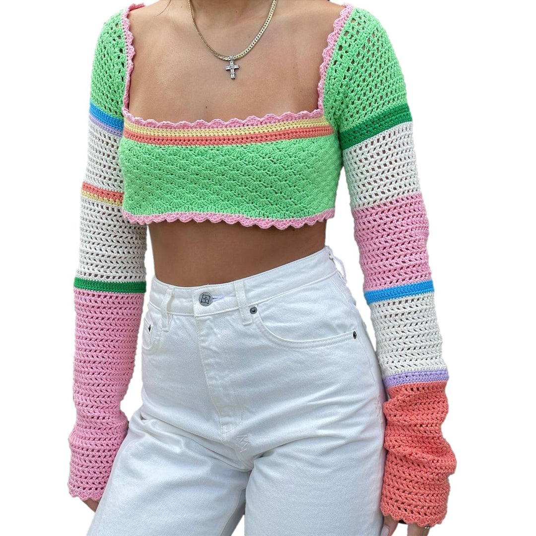 Dame heklede Crop-Top med brede, fargerike ermer Skjora