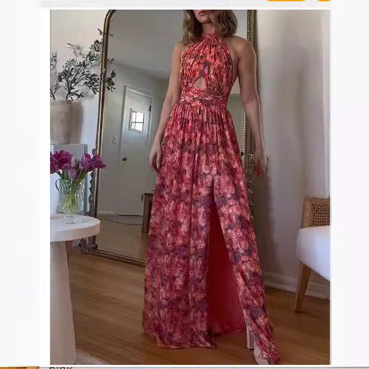 Kvinner Halter Maxi Kjole med spennende utskjæring og flytende skjørt Skjora